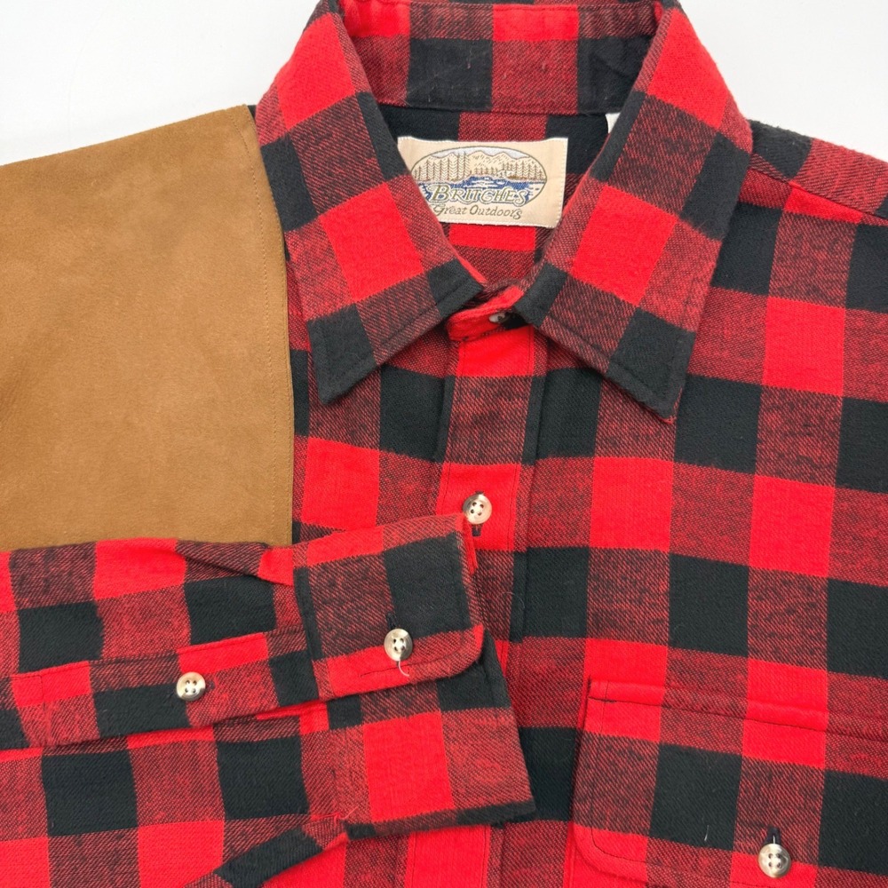 Britches Great Outdoors Flannel Shirt Men Medium Red Buffalo Plaid Suede Patch